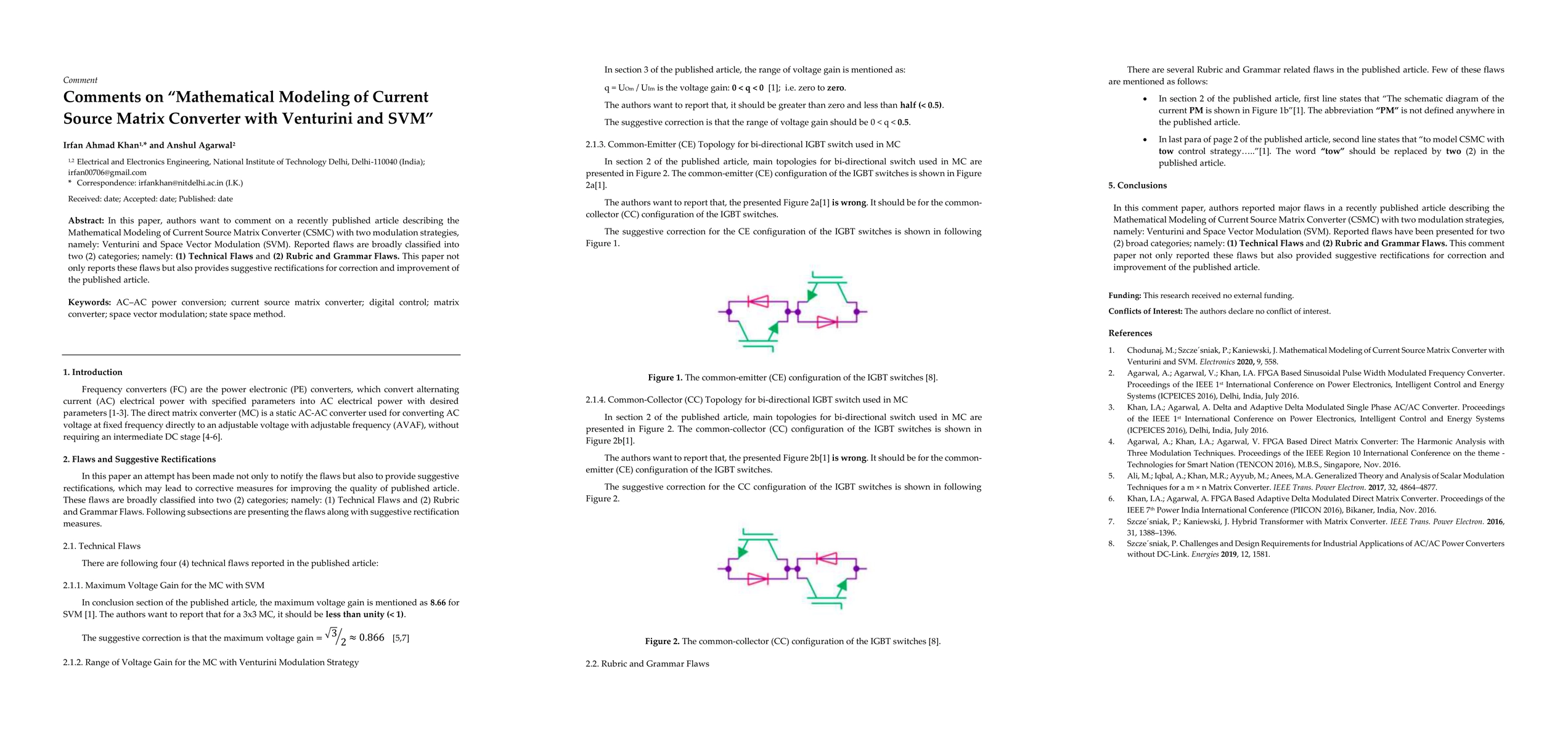 Thumbnail for Comments on Mathematical Modeling of Current Source Matrix Converter
  with Venturini and SVM