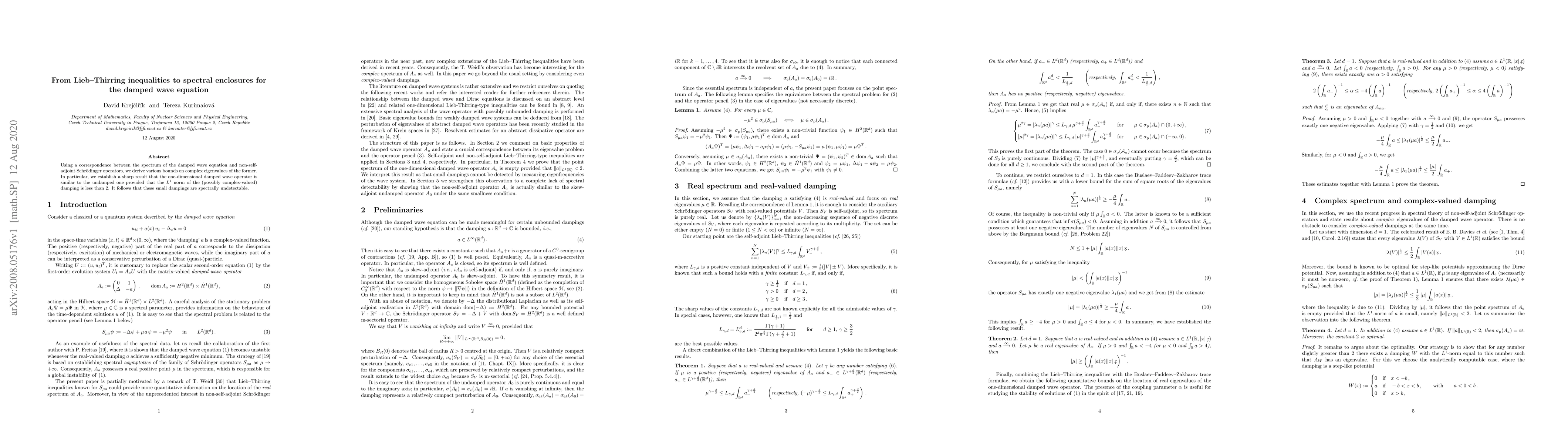 Thumbnail for From Lieb-Thirring inequalities to spectral enclosures for the damped
  wave equation