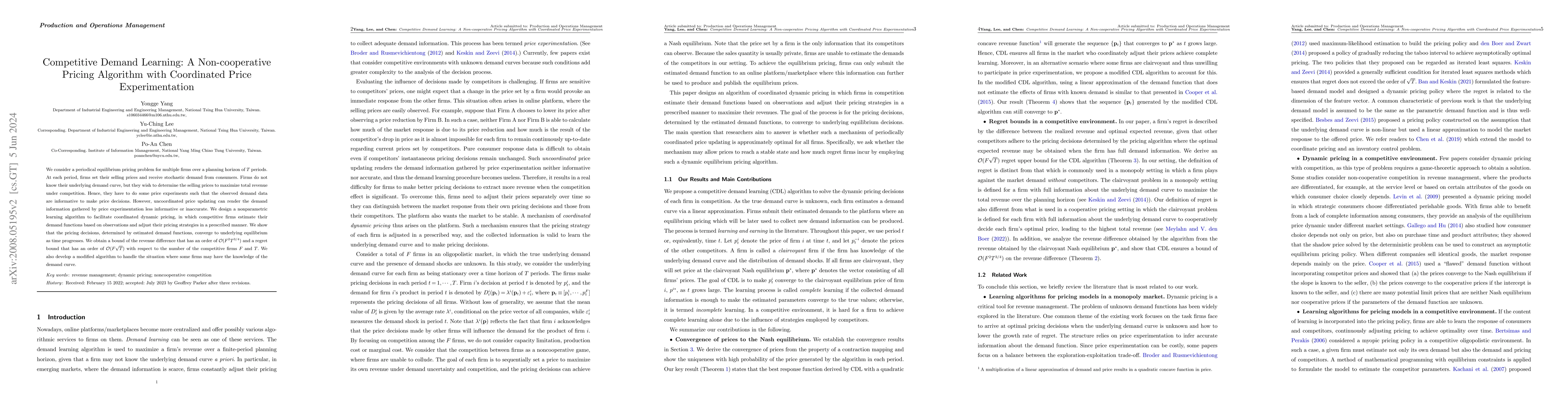 Thumbnail for Competitive Demand Learning: A Non-cooperative Pricing Algorithm with
  Coordinated Price Experimentation