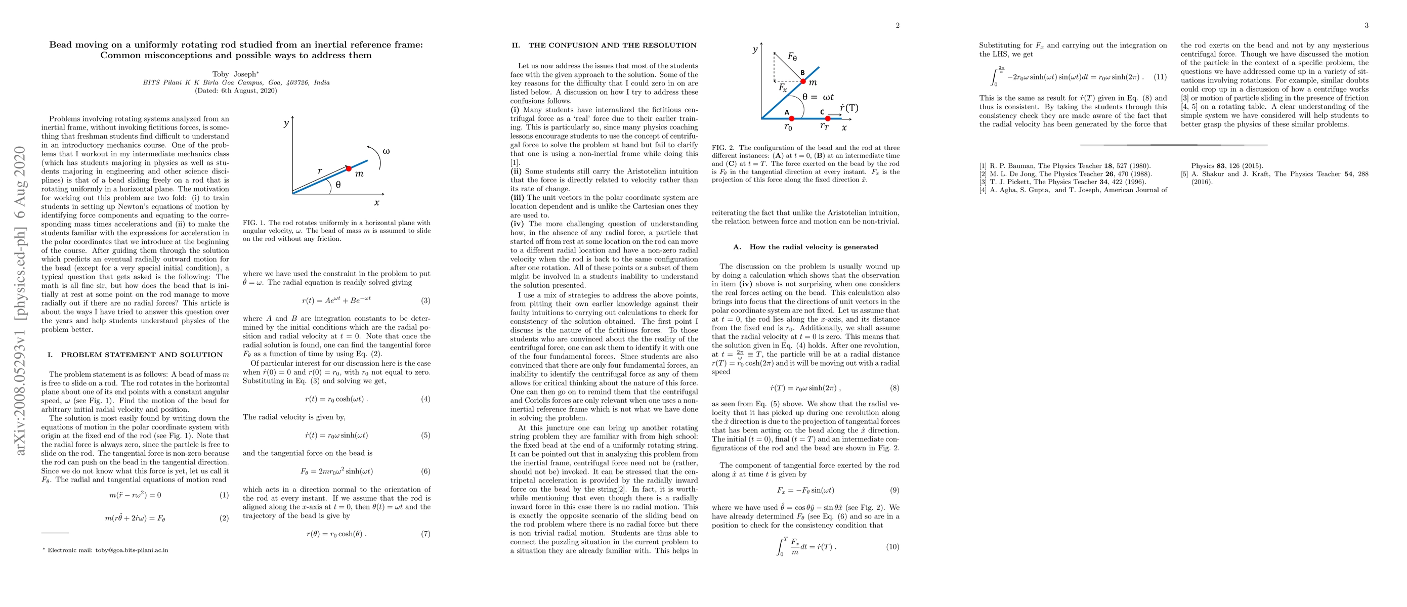 Thumbnail for Bead moving on a uniformly rotating rod studied from an inertial
  reference frame: Common misconceptions and possible ways to address them