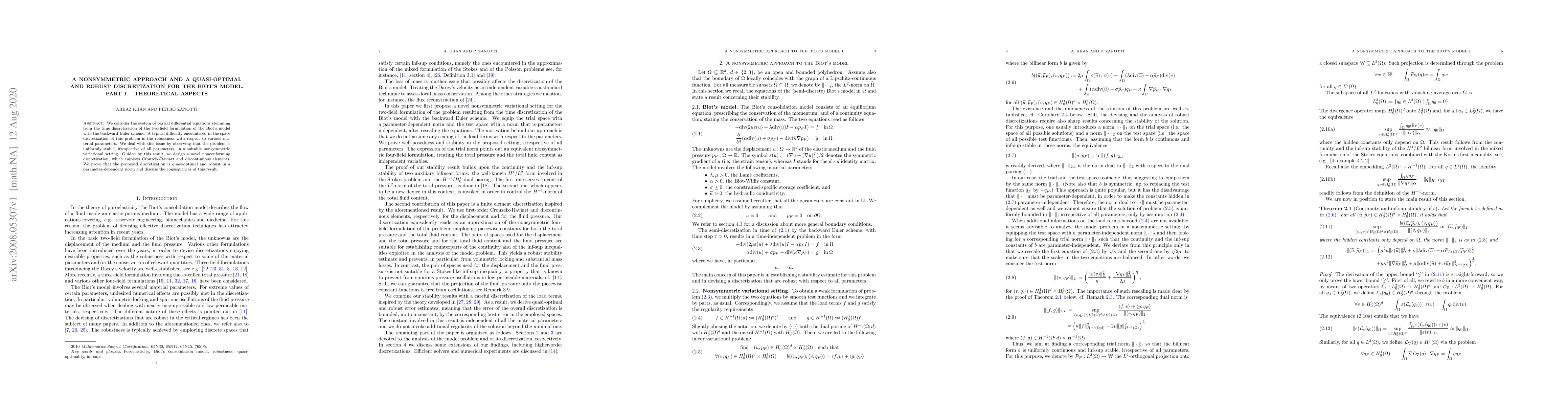 Thumbnail for A nonsymmetric approach and a quasi-optimal and robust discretization
  for the Biot's model. Part I -- Theoretical aspects