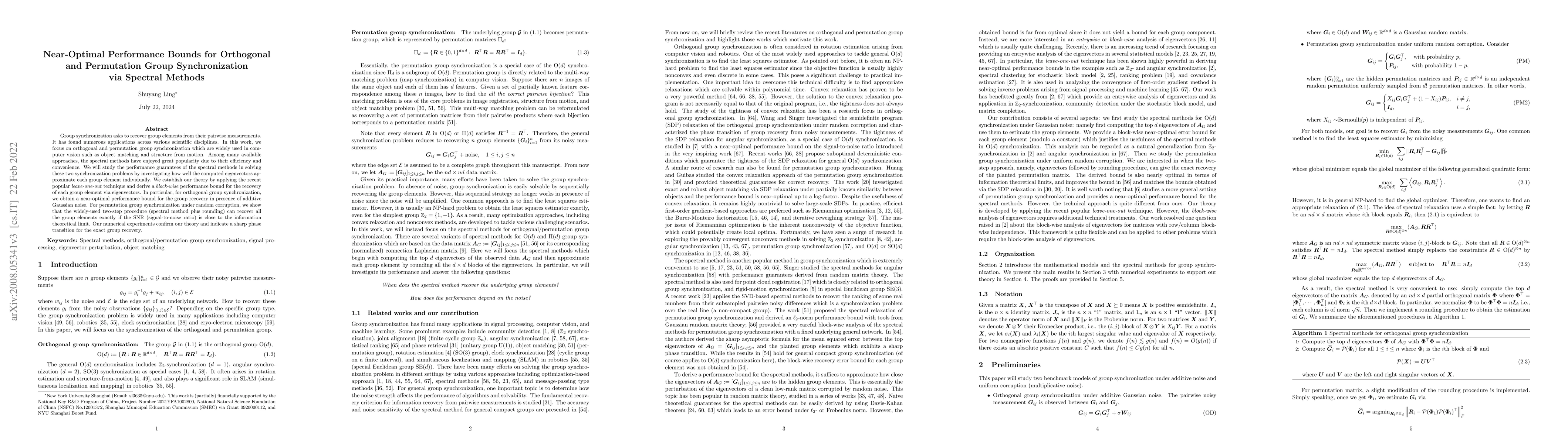 Thumbnail for Near-Optimal Performance Bounds for Orthogonal and Permutation Group
  Synchronization via Spectral Methods