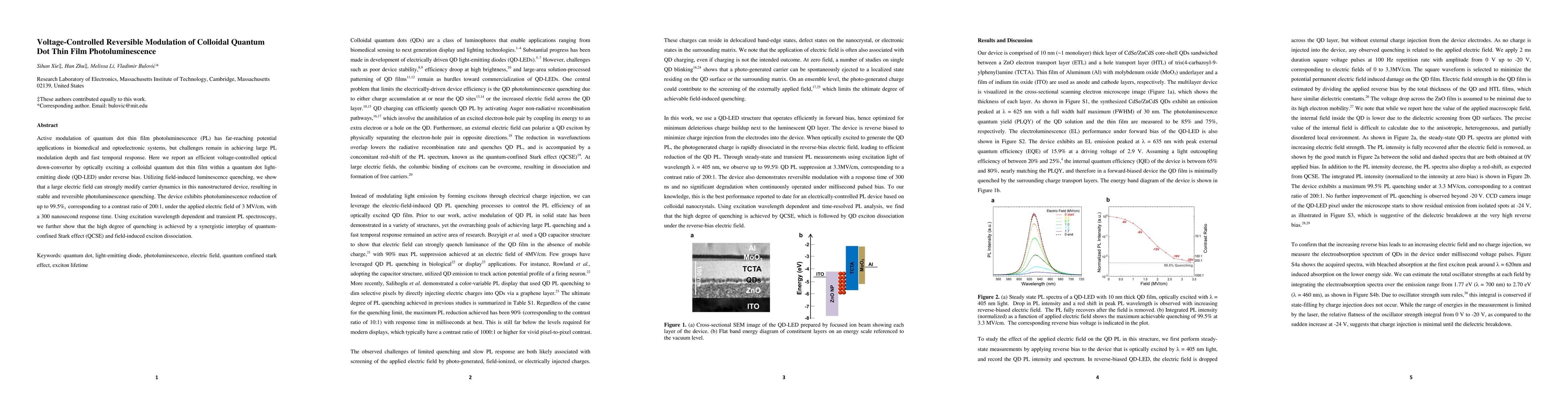 Thumbnail for Voltage-Controlled Reversible Modulation of Colloidal Quantum Dot Thin
  Film Photoluminescence