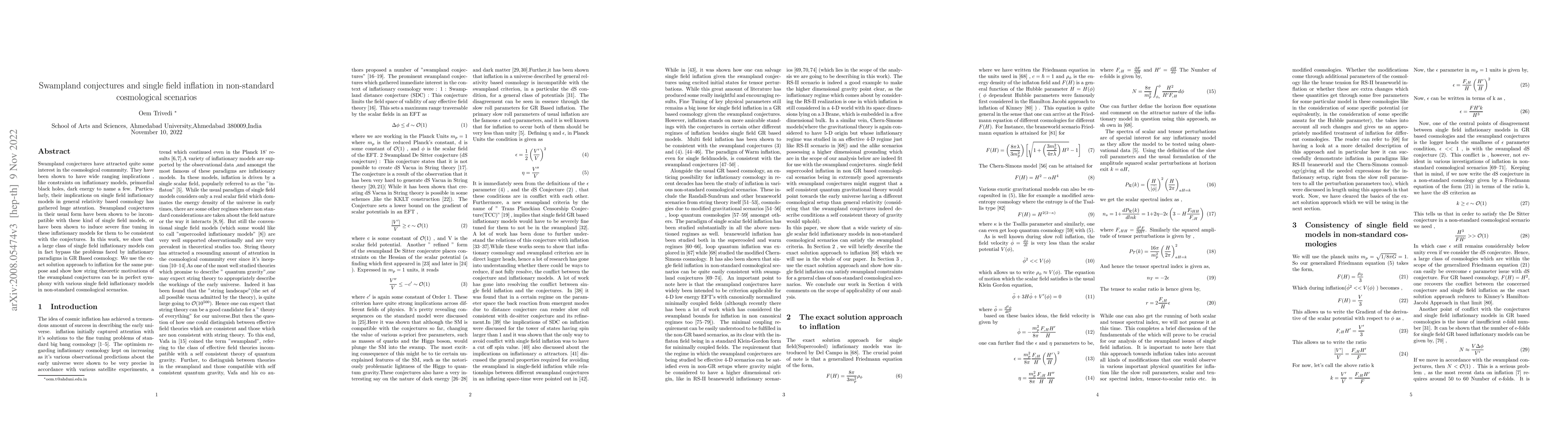 Thumbnail for Swampland conjectures and single field inflation in non-standard
  cosmological scenarios