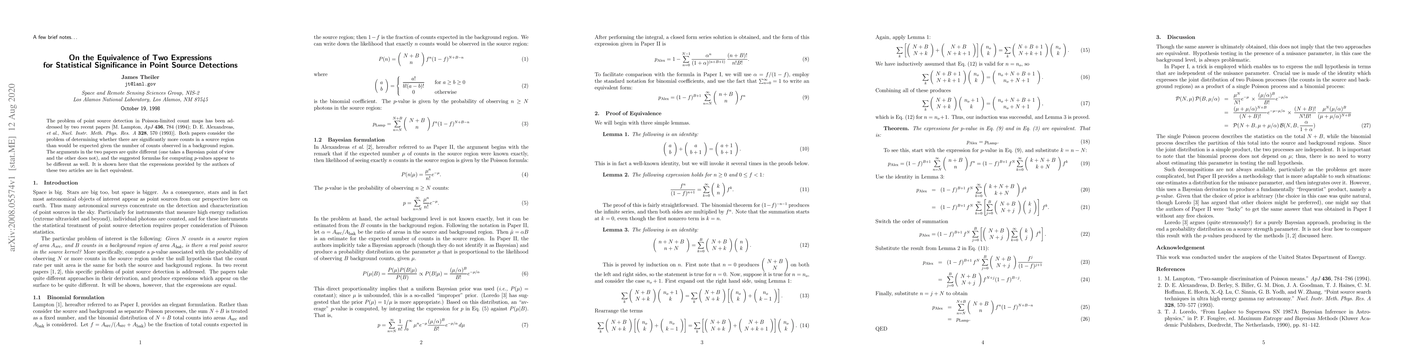 Thumbnail for A few brief notes on the equivalence of two expressions for statistical
  significance in point source detections