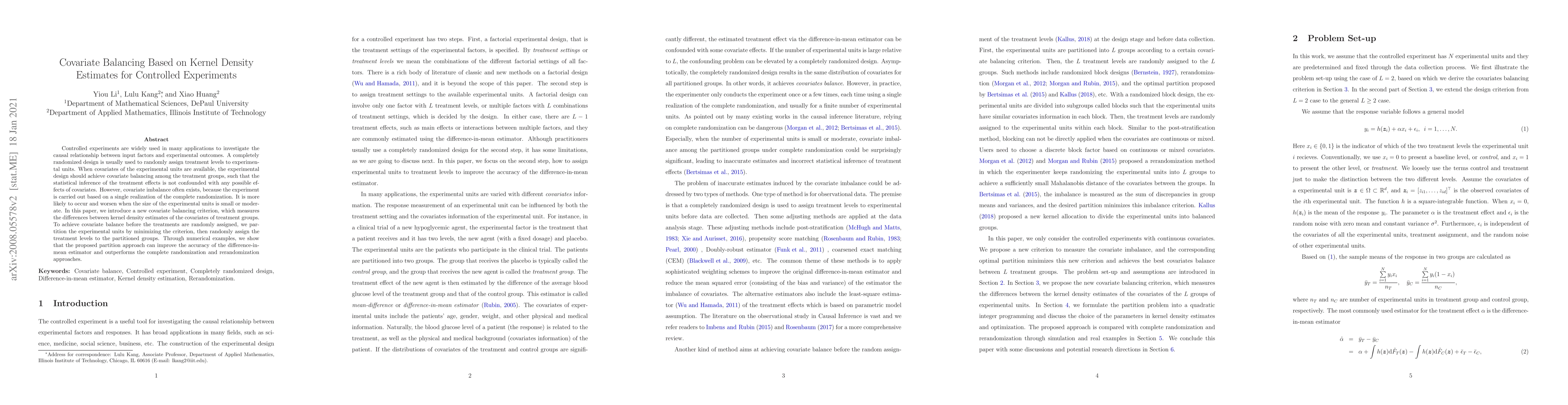 Thumbnail for Covariate Balancing Based on Kernel Density Estimates for Controlled
  Experiments