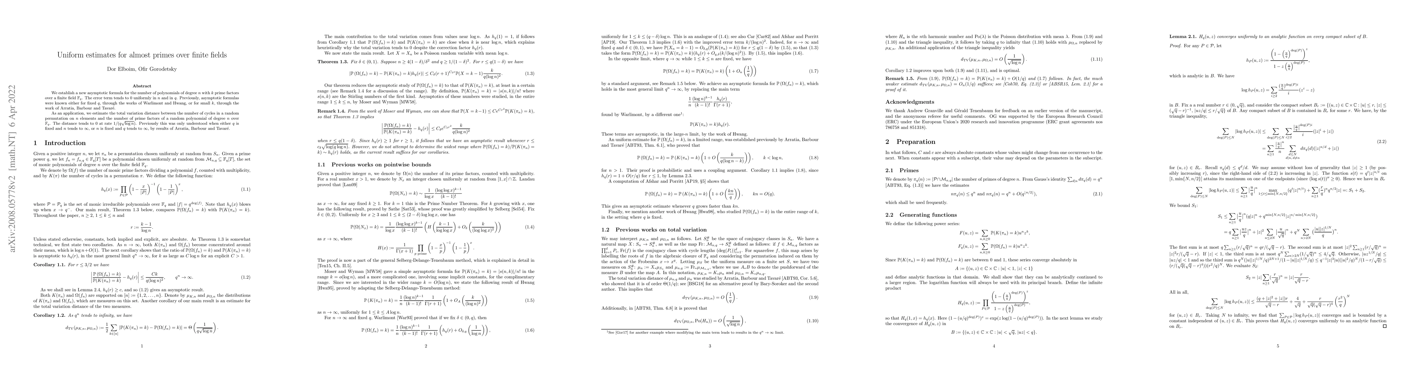 Thumbnail for Uniform estimates for almost primes over finite fields