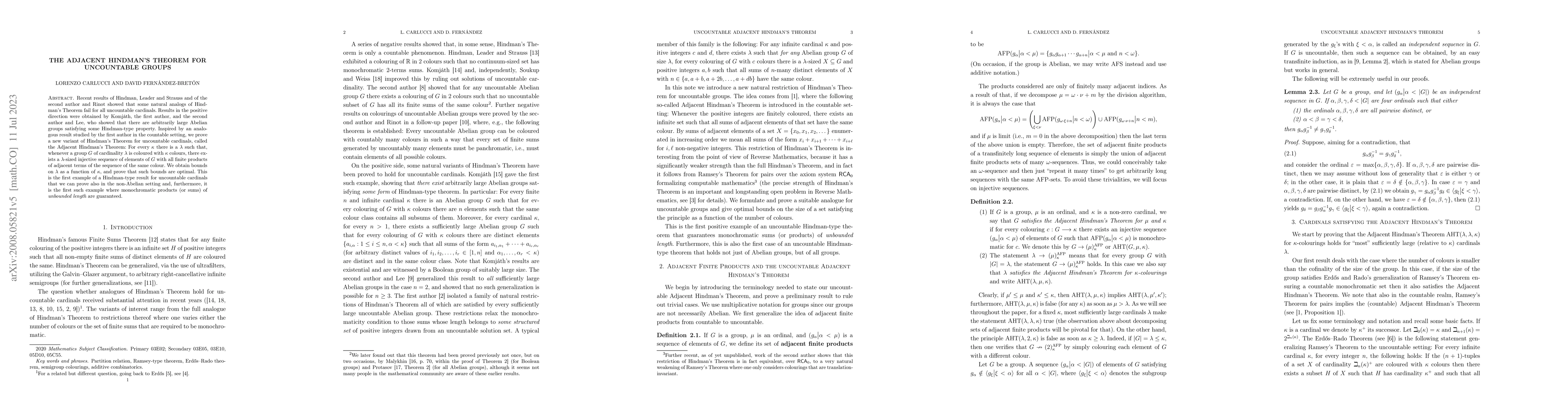 Thumbnail for The adjacent Hindman's theorem for uncountable groups