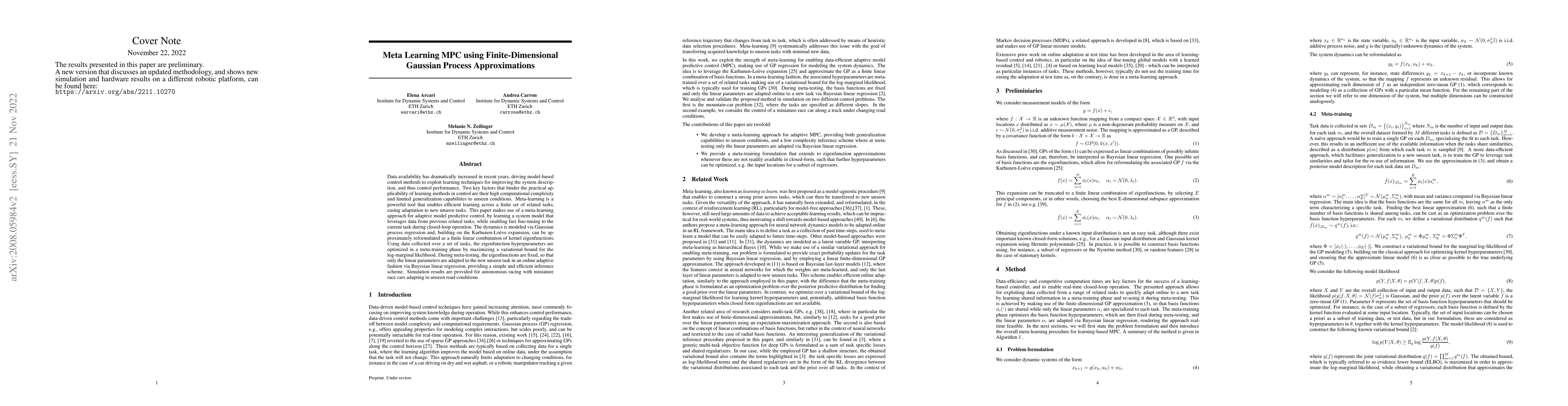 Thumbnail for Meta Learning MPC using Finite-Dimensional Gaussian Process
  Approximations