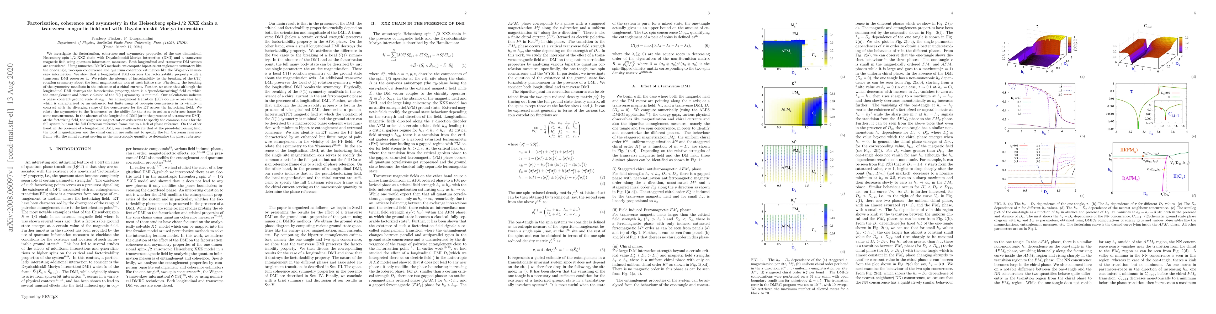 Thumbnail for Factorization, coherence and asymmetry in the Heisenberg spin-1/2 XXZ
  chain a transverse magnetic field and with Dzyaloshinskii-Moriya interaction