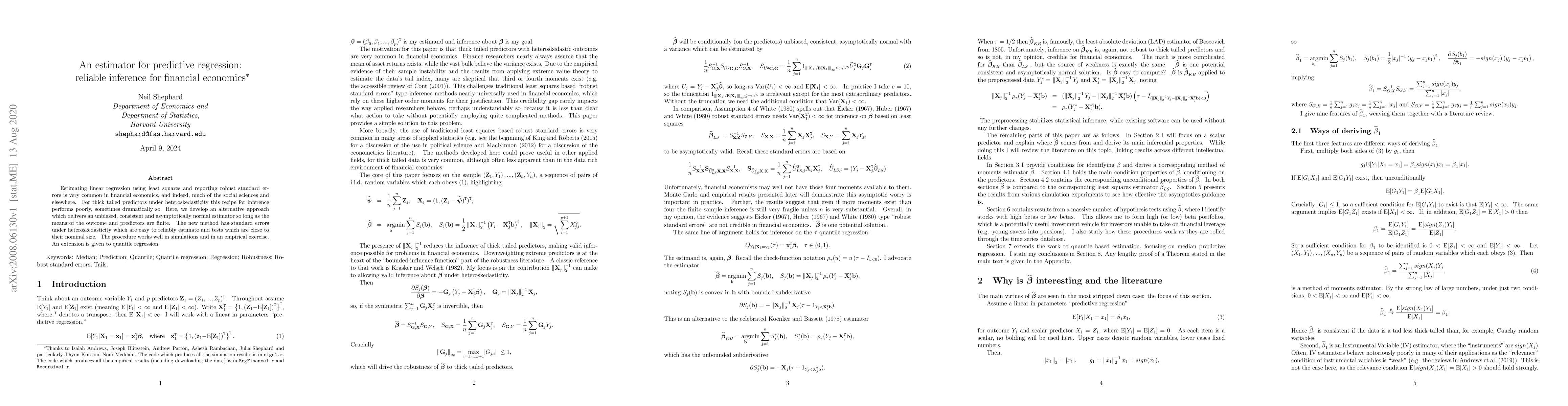 Thumbnail for An estimator for predictive regression: reliable inference for financial
  economics