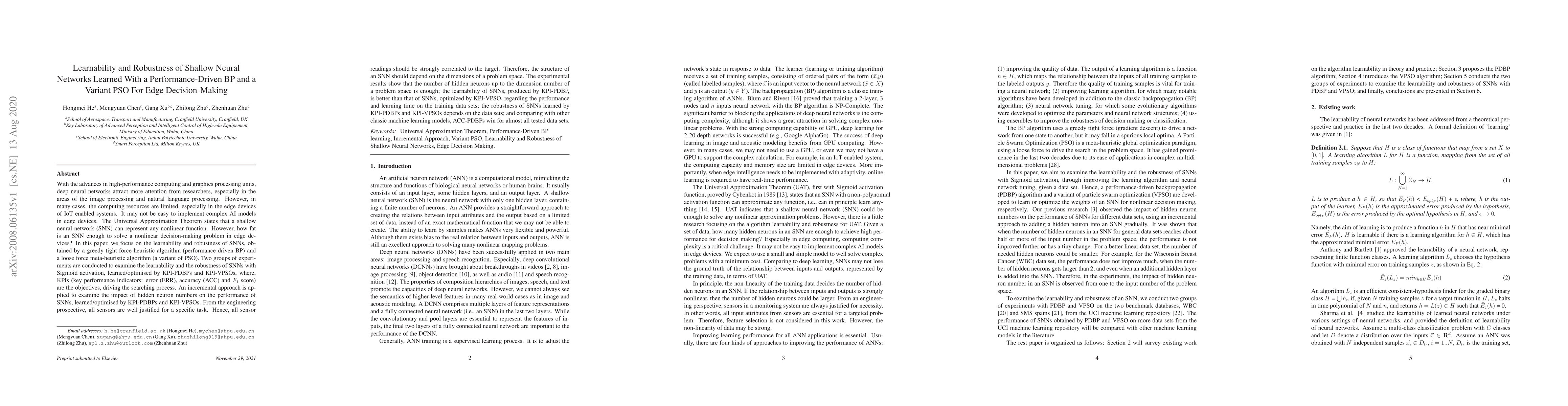 Thumbnail for Learnability and Robustness of Shallow Neural Networks Learned With a
  Performance-Driven BP and a Variant PSO For Edge Decision-Making