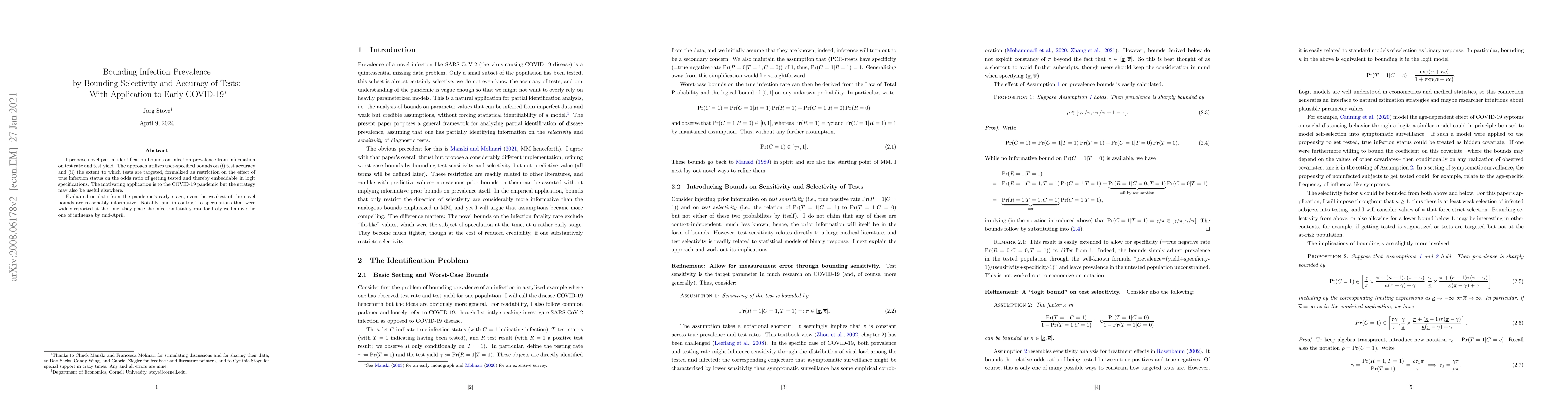 Thumbnail for Bounding Infection Prevalence by Bounding Selectivity and Accuracy of
  Tests: With Application to Early COVID-19