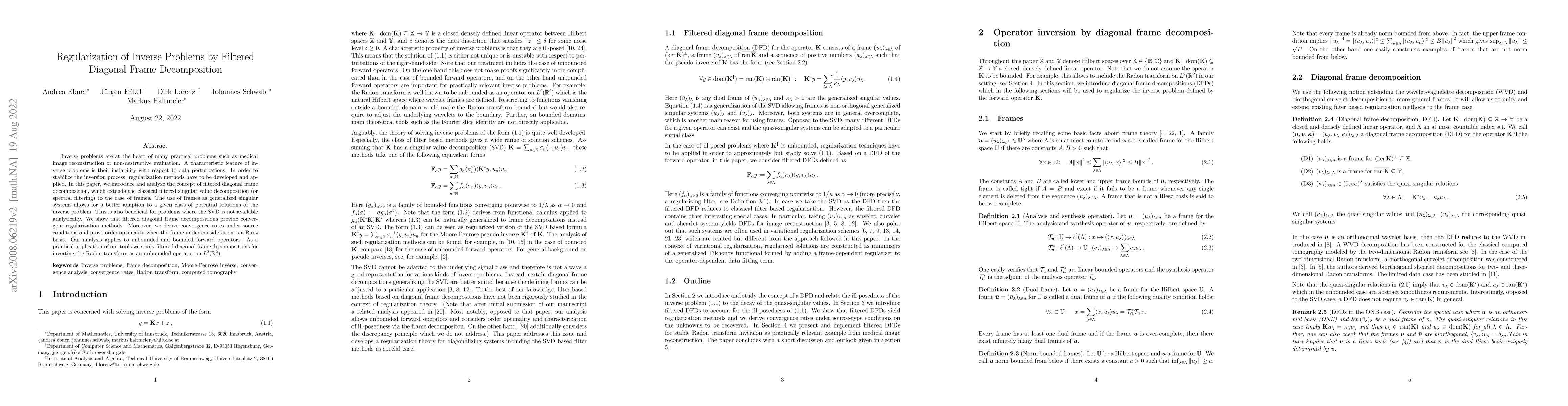 Thumbnail for Regularization of Inverse Problems by Filtered Diagonal Frame
  Decomposition