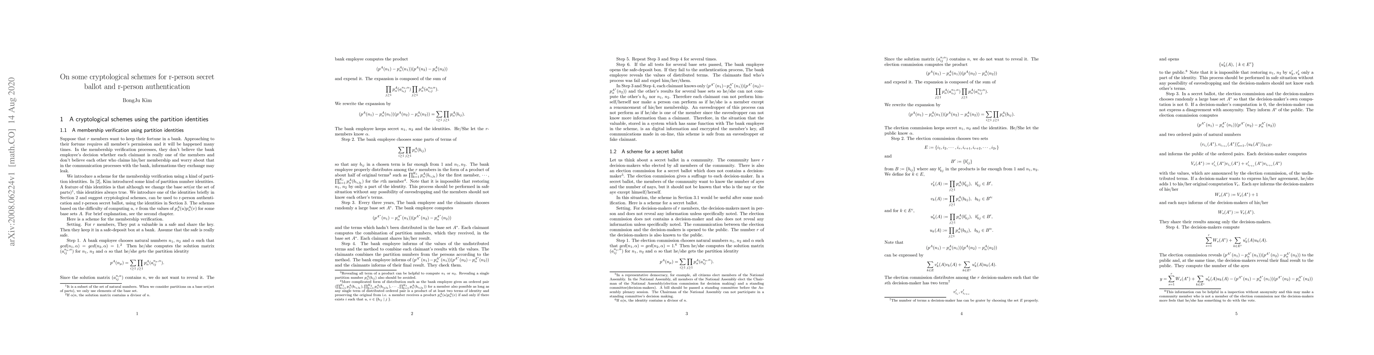Thumbnail for On cryptological schemes for r-person secret vote and r-person
  authentication