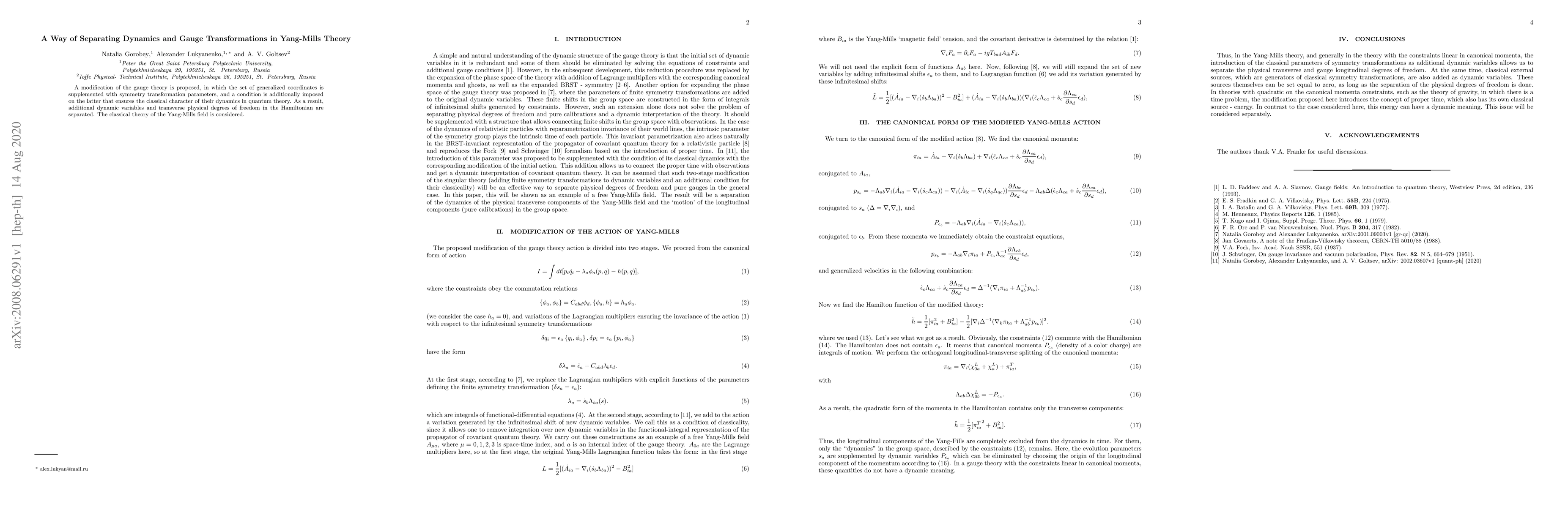 Thumbnail for A Way of Separating Dynamics and Gauge Transformations in Yang-Mills
  Theory