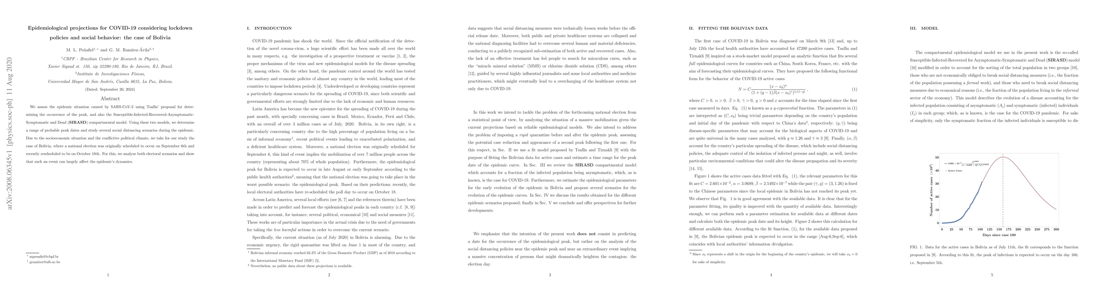 Thumbnail for Epidemiological projections for COVID-19 considering lockdown policies
  and social behavior: the case of Bolivia