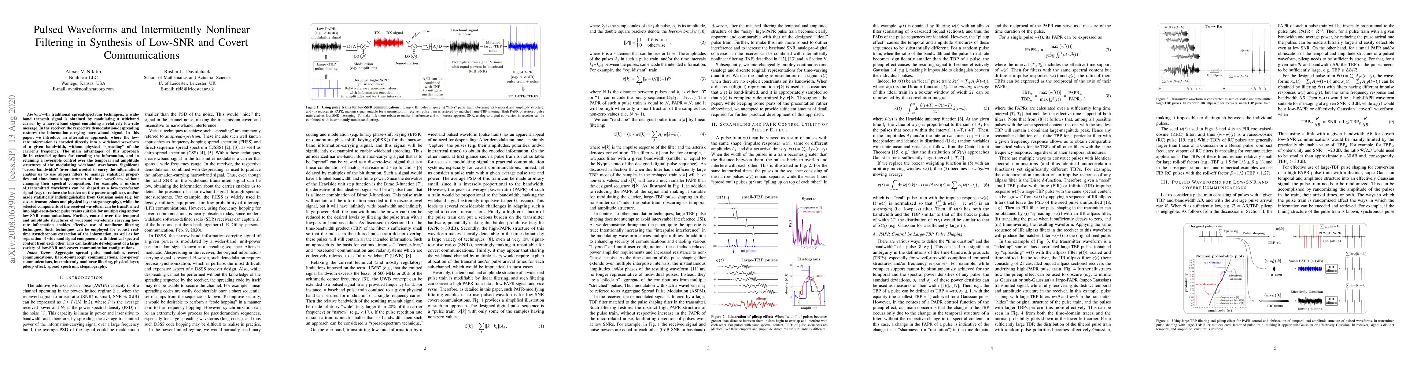 Thumbnail for Pulsed Waveforms and Intermittently Nonlinear Filtering in Synthesis of
  Low-SNR and Covert Communications