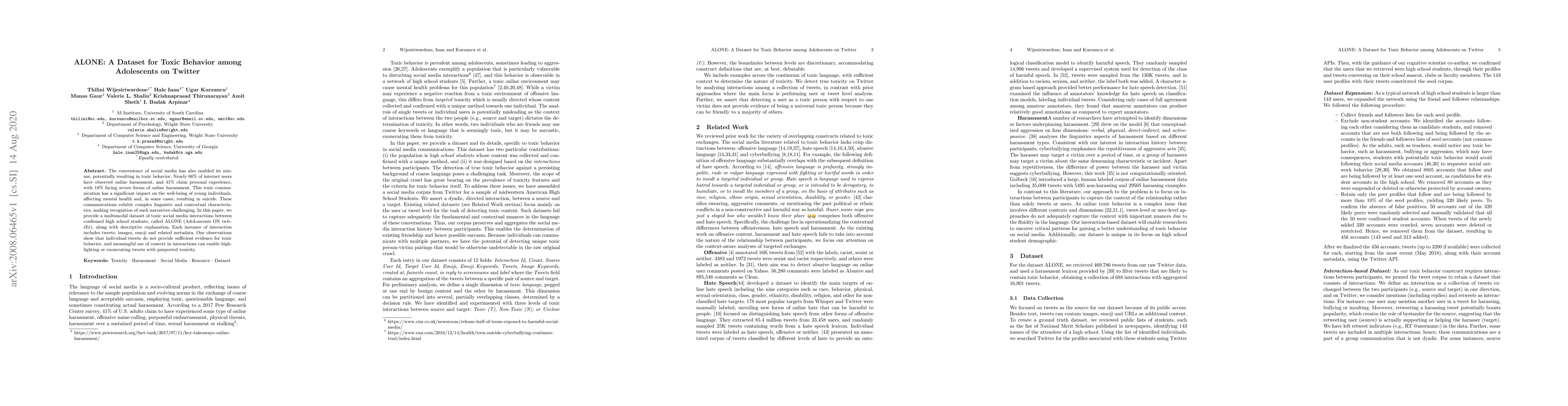 Thumbnail for ALONE: A Dataset for Toxic Behavior among Adolescents on Twitter