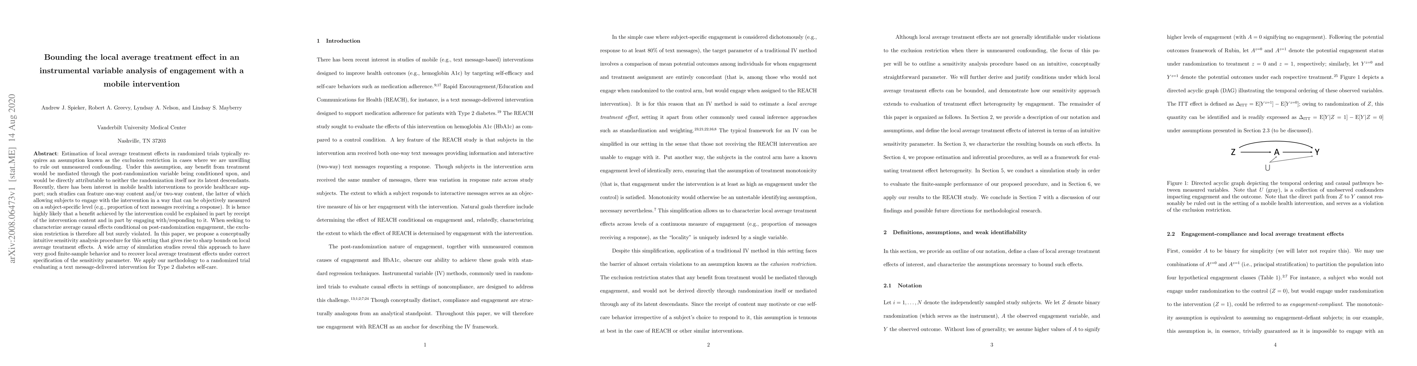 Thumbnail for Bounding the local average treatment effect in an instrumental variable
  analysis of engagement with a mobile intervention