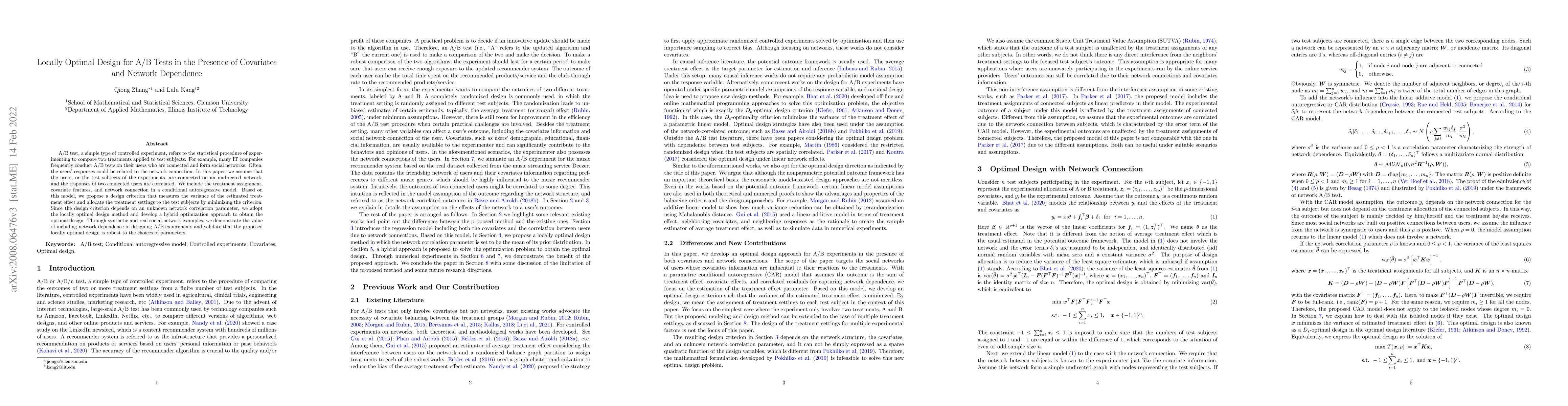Thumbnail for Locally Optimal Design for A/B Testing in the Presence of Covariates and
  Network Connection