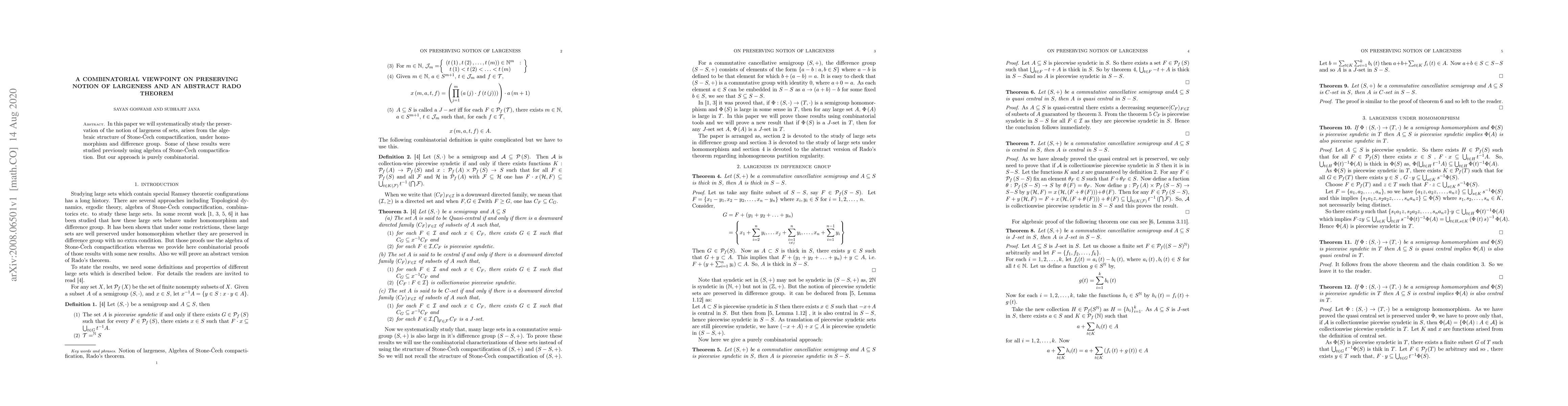 Thumbnail for A combinatorial viewpoint on preserving notion of largeness and an
  abstract Rado theorem