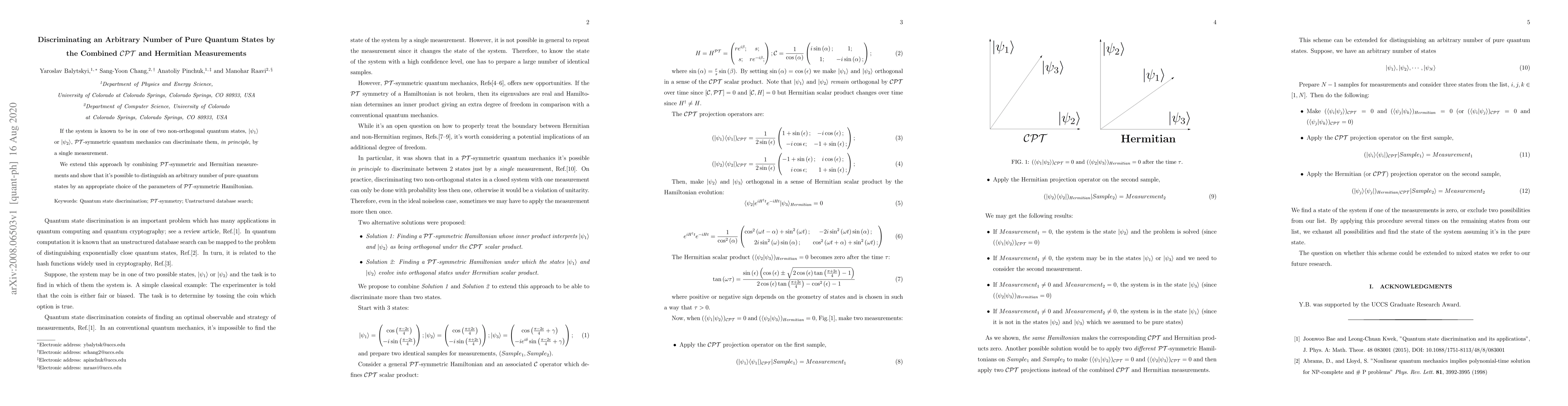 Thumbnail for Discriminating an Arbitrary Number of Pure Quantum States by the
  Combined $\mathcal{CPT}$ and Hermitian Measurements
