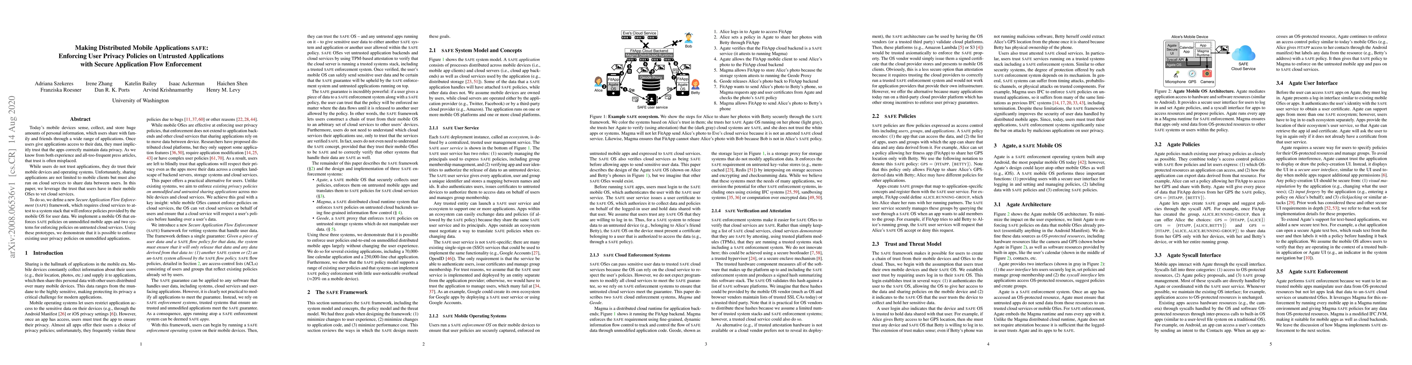 Thumbnail for Making Distributed Mobile Applications SAFE: Enforcing User Privacy
  Policies on Untrusted Applications with Secure Application Flow Enforcement