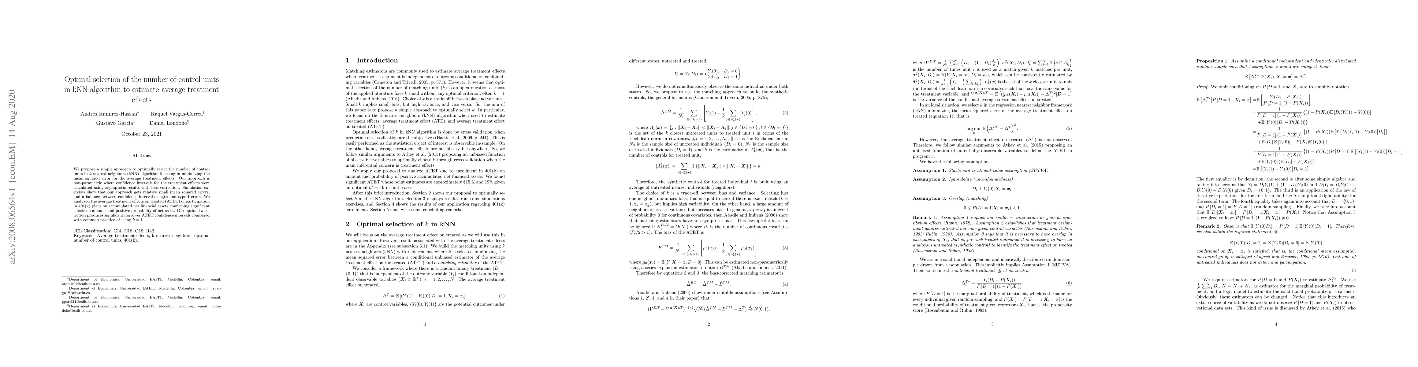 Thumbnail for Optimal selection of the number of control units in kNN algorithm to
  estimate average treatment effects