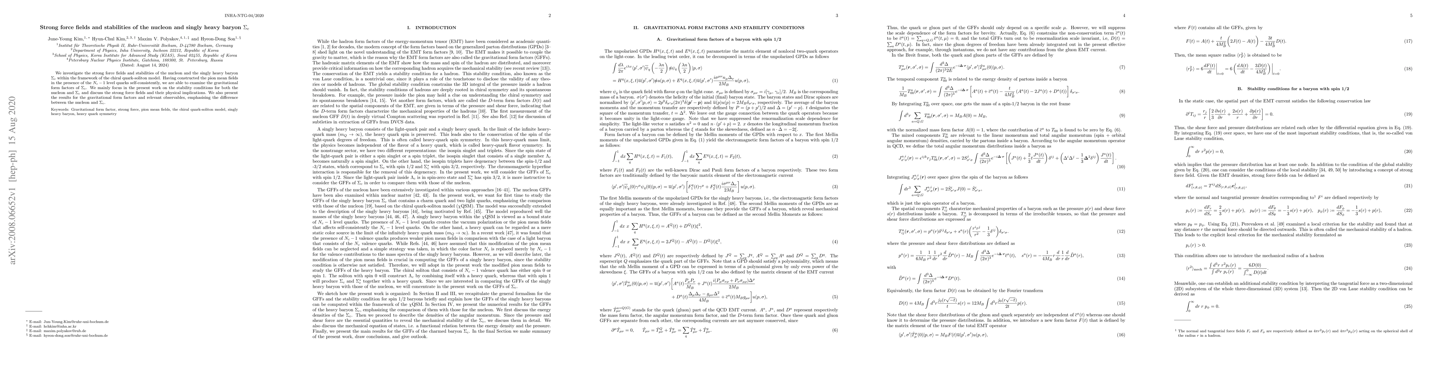 Thumbnail for Strong force fields and stabilities of the nucleon and singly heavy
  baryon $\Sigma_c$