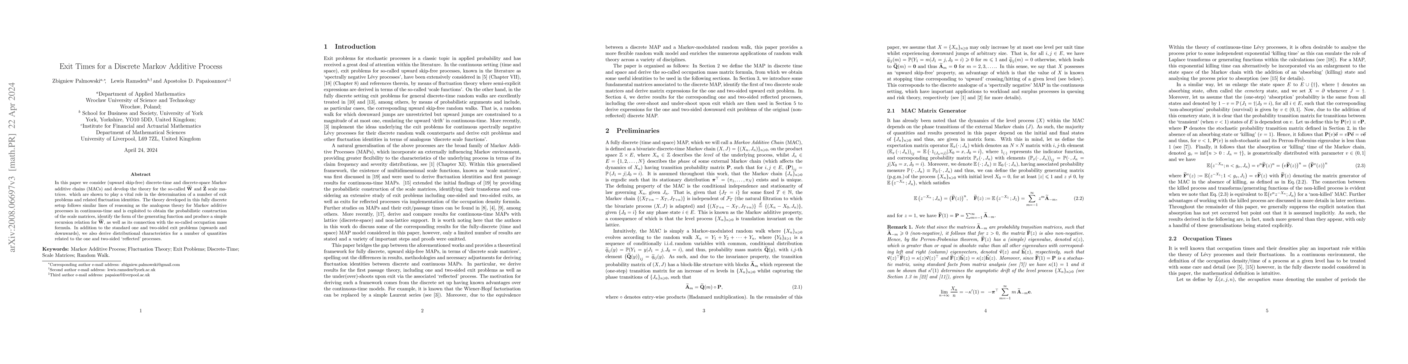Thumbnail for Exit Times for a Discrete Markov Additive Process