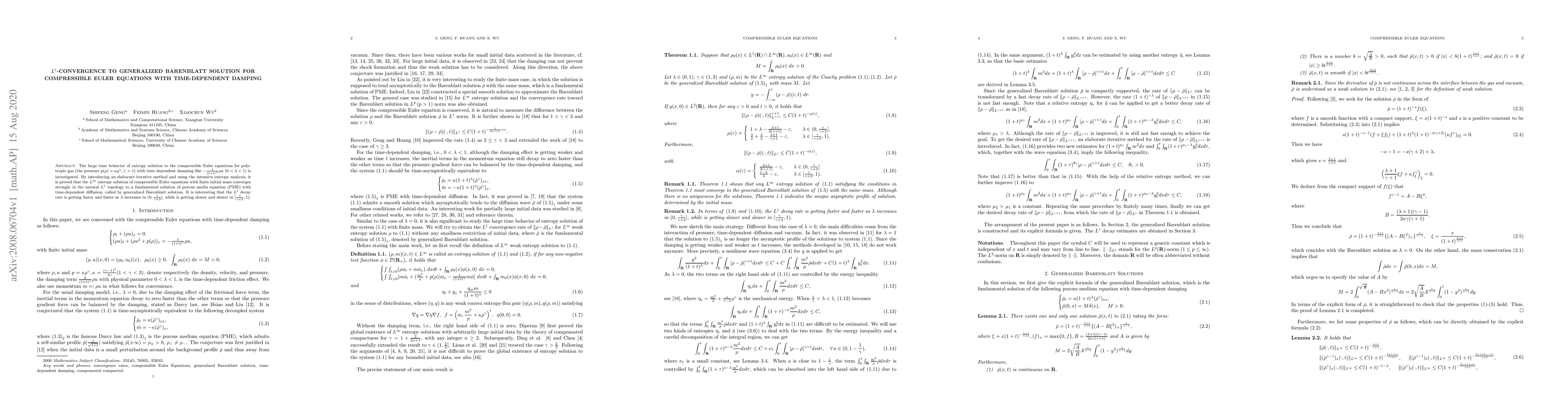 Thumbnail for $L^1$-convergence to generalized Barenblatt solution for compressible
  Euler equations with time-dependent damping