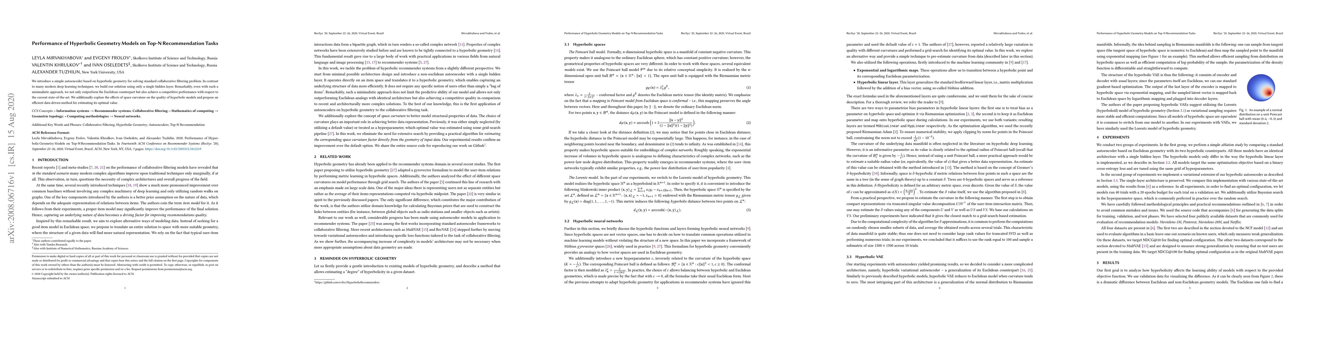 Thumbnail for Performance of Hyperbolic Geometry Models on Top-N Recommendation Tasks