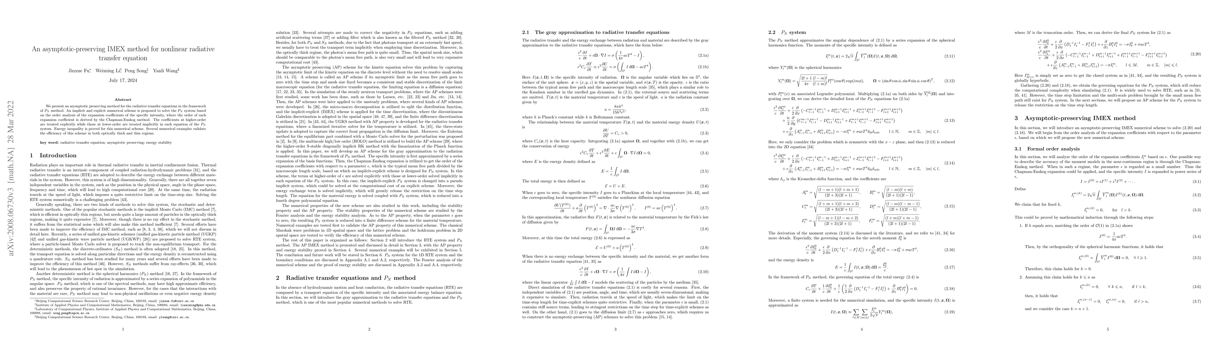 Thumbnail for An asymptotic-preserving IMEX method for nonlinear radiative transfer
  equation