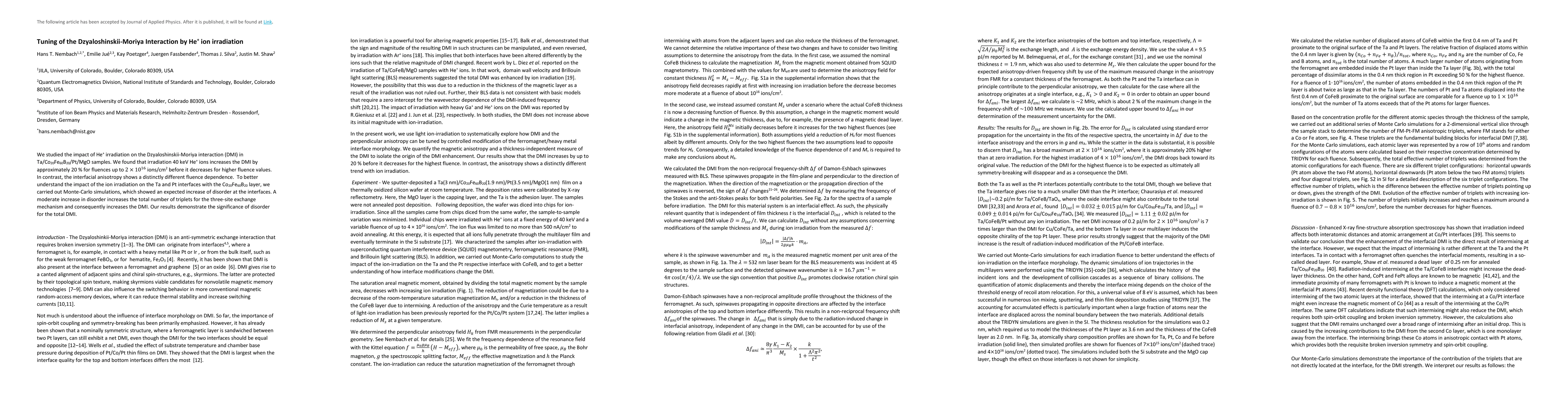 Thumbnail for Tuning of the Dzyaloshinskii-Moriya Interaction by He$^+$ ion
  irradiation