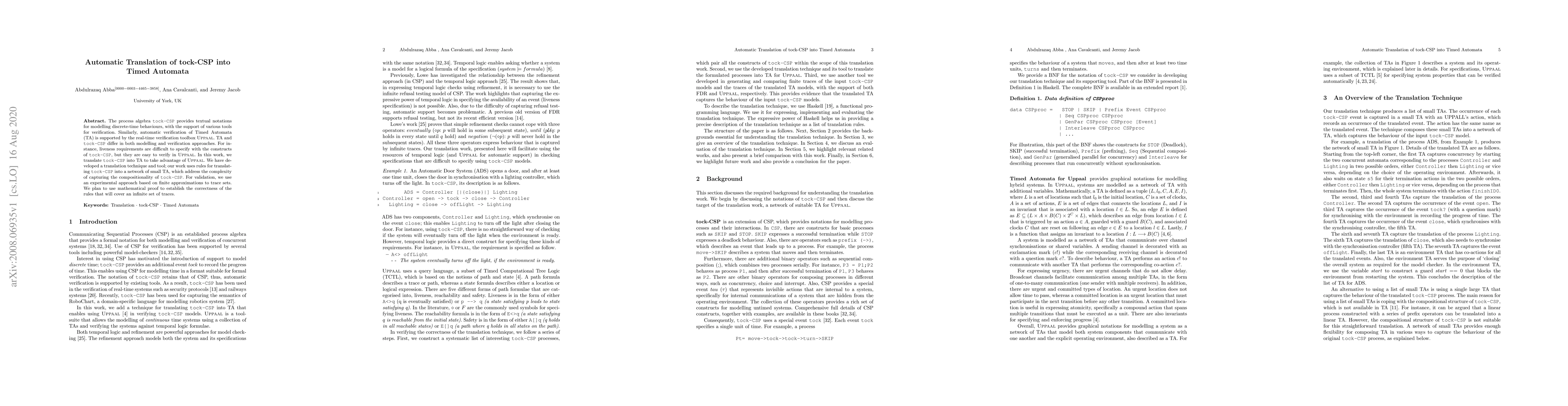 Thumbnail for Automatic Translation of tock-CSP into Timed Automata