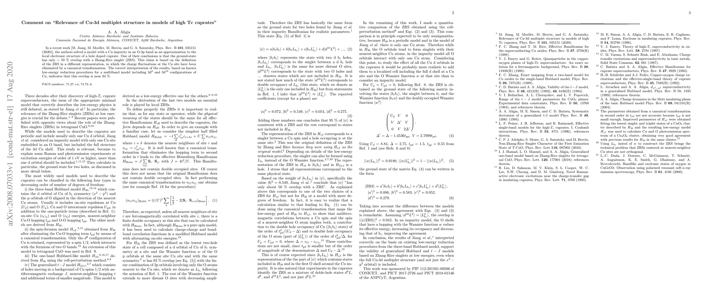 Thumbnail for Comment on "Relevance of Cu-3d multiplet structure in models of high Tc
  cuprates''