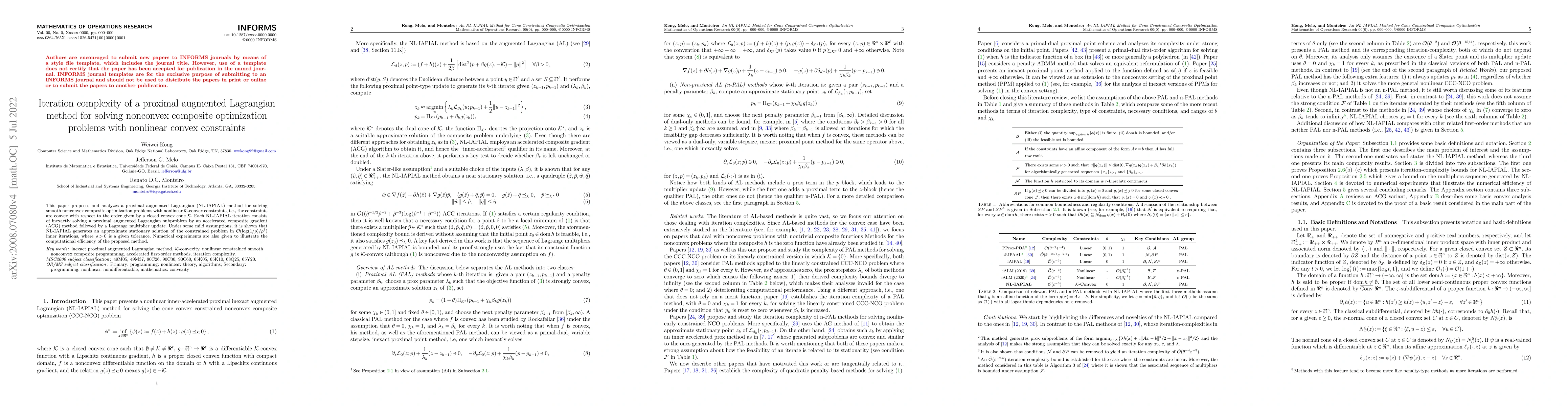 Thumbnail for Iteration-complexity of a proximal augmented Lagrangian method for
  solving nonconvex composite optimization problems with nonlinear convex
  constraints
