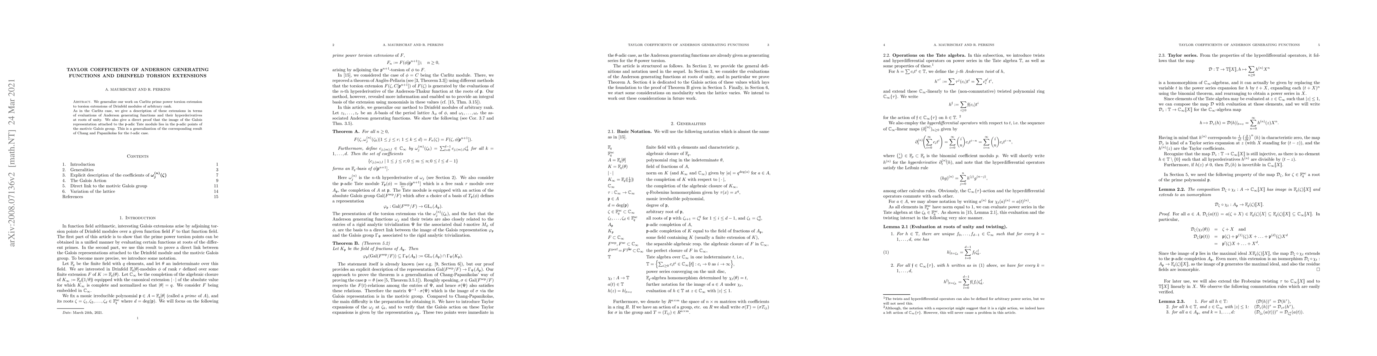 Thumbnail for Taylor coefficients of Anderson generating functions and Drinfeld
  torsion extensions