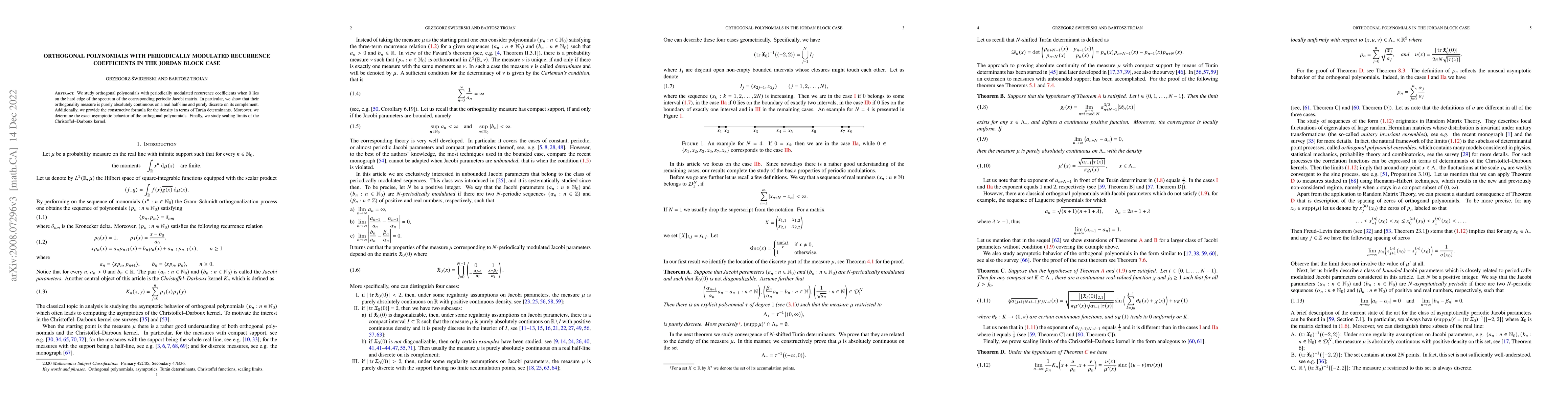 Thumbnail for Orthogonal polynomials with periodically modulated recurrence
  coefficients in the Jordan block case