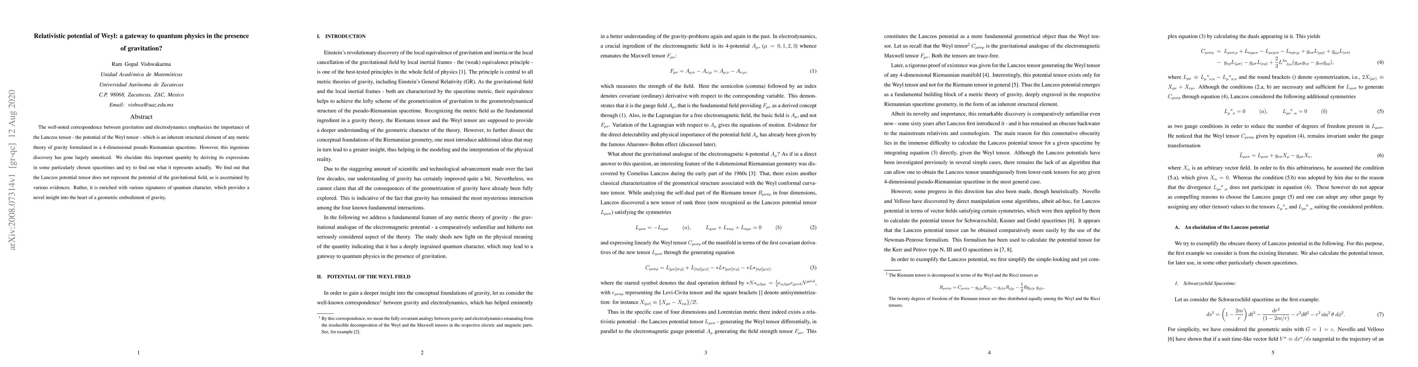Thumbnail for Relativistic potential of Weyl: a gateway to quantum physics in the
  presence of gravitation?