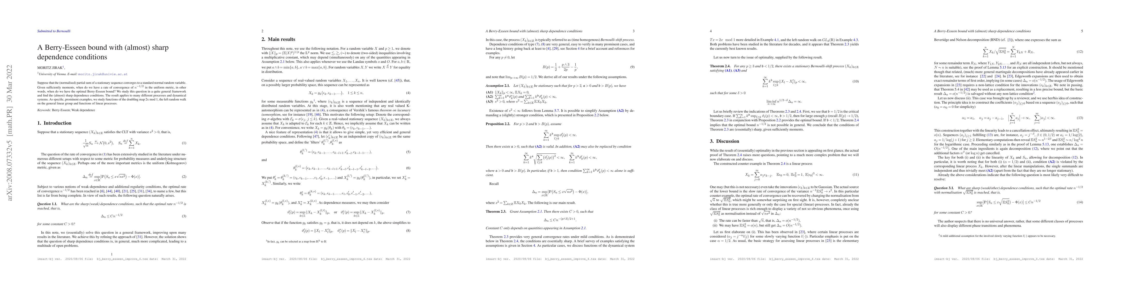 Thumbnail for A Berry-Esseen bound with (almost) sharp dependence conditions