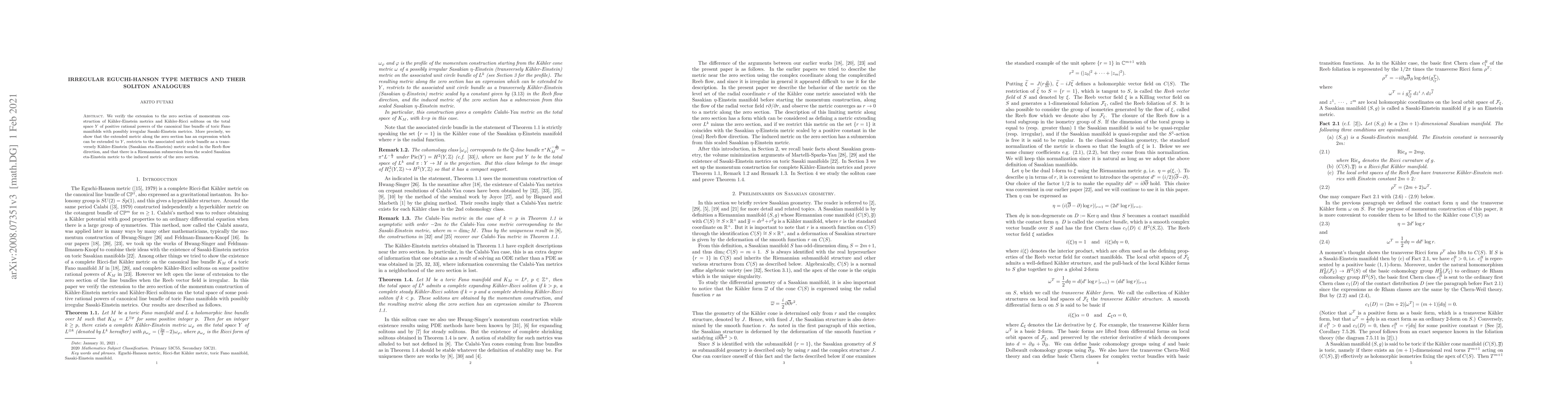 Thumbnail for Irregular Eguchi-Hanson type metrics and their soliton analogues