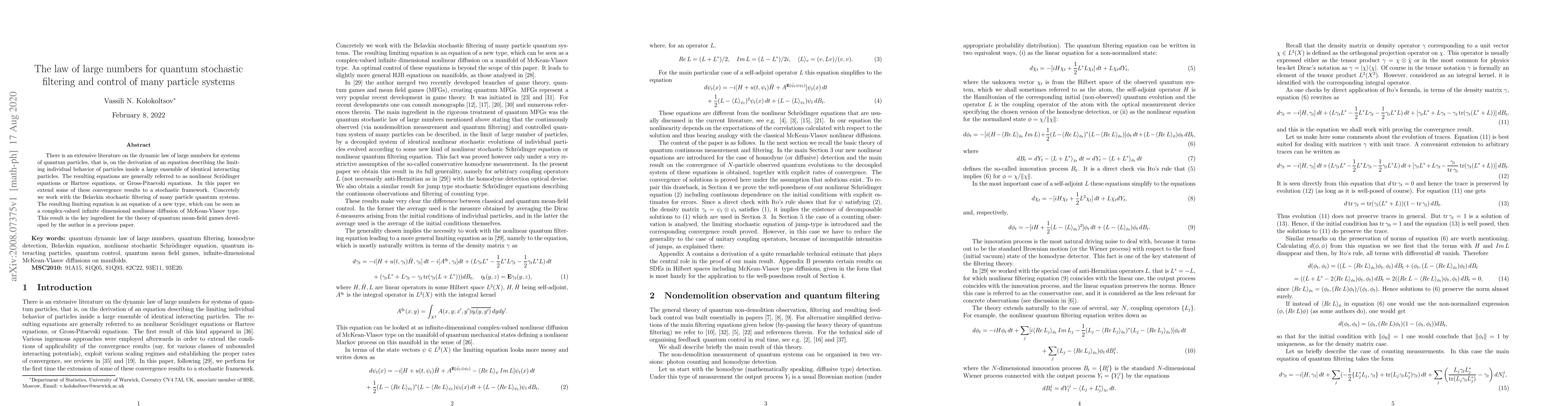 Thumbnail for The law of large numbers for quantum stochastic filtering and control of
  many particle systems