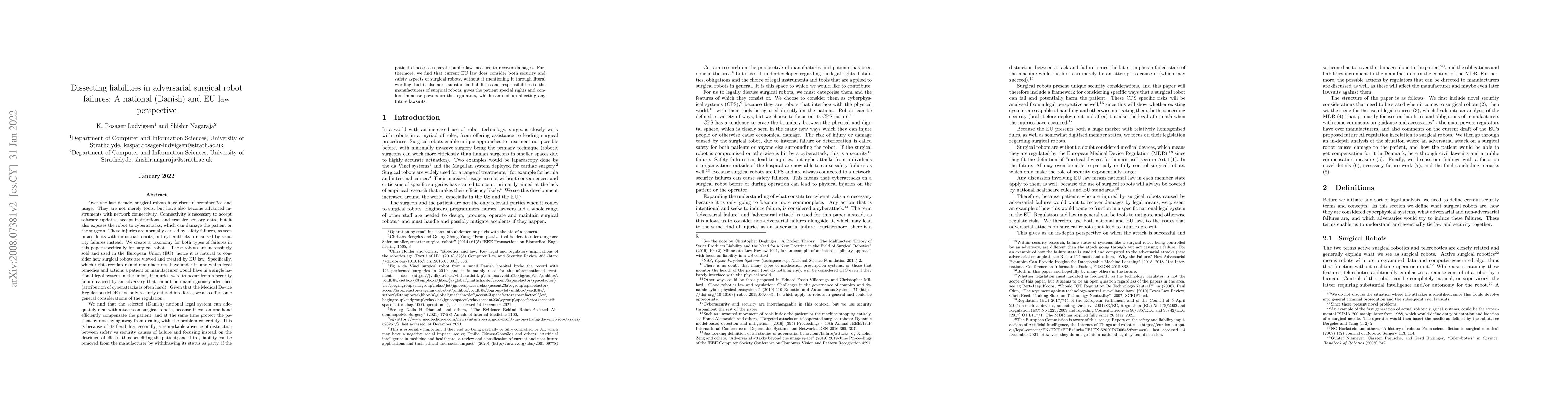 Thumbnail for Dissecting liabilities in adversarial surgical robot failures: A
  national (Danish) and European law perspective