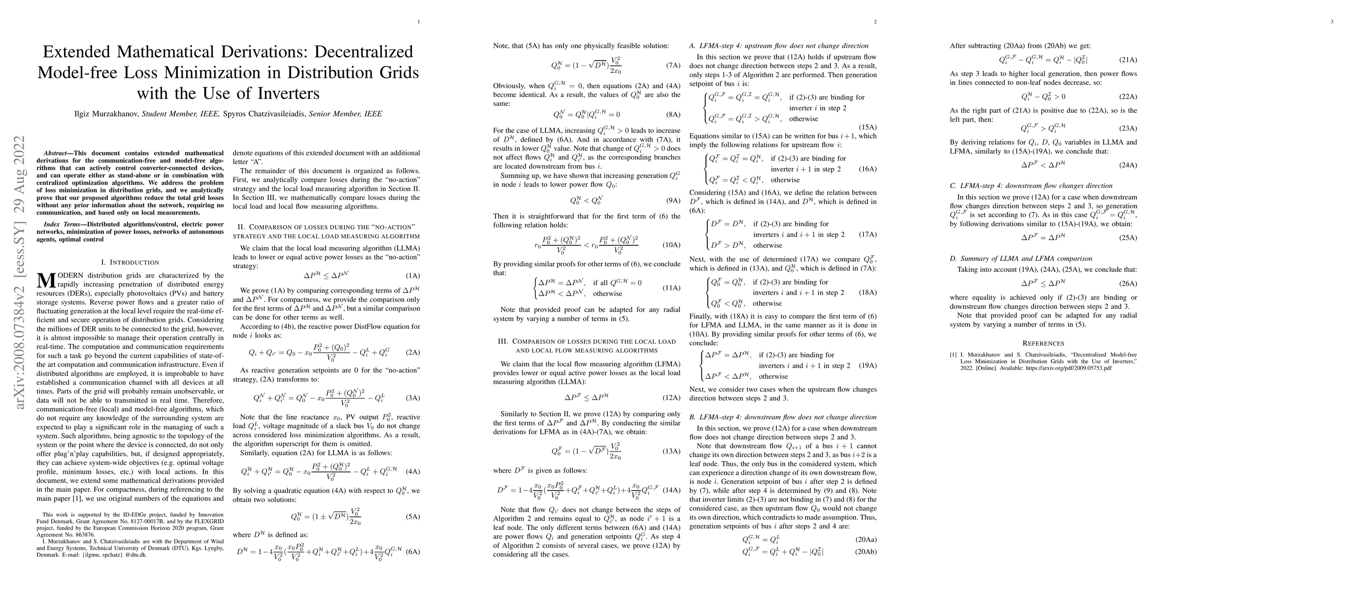Thumbnail for Extended Mathematical Derivations: Decentralized Model-free Loss
  Minimization in Distribution Grids with the Use of Inverters