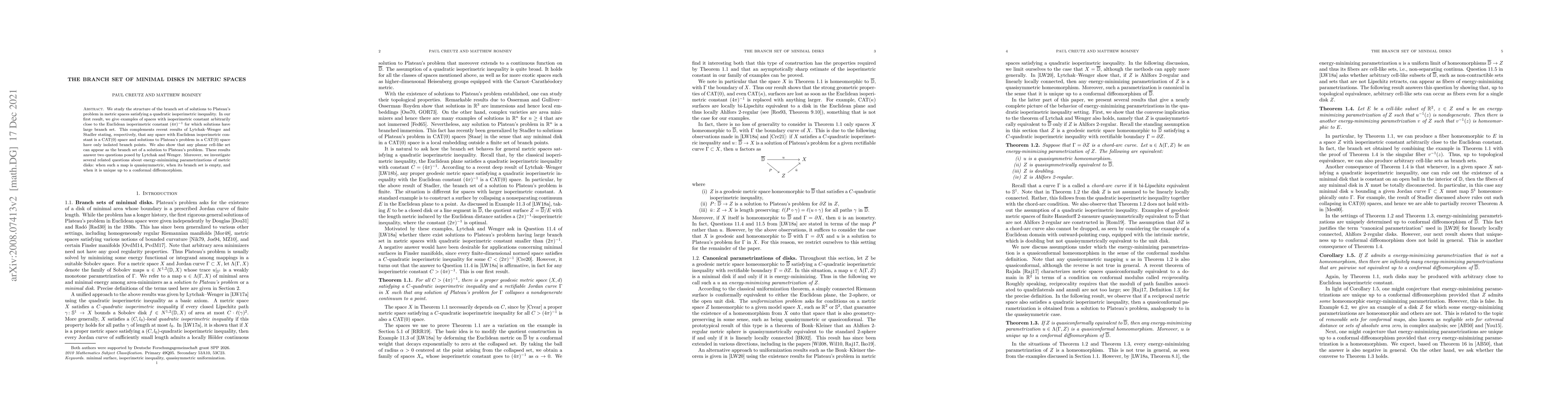 Thumbnail for The branch set of minimal disks in metric spaces