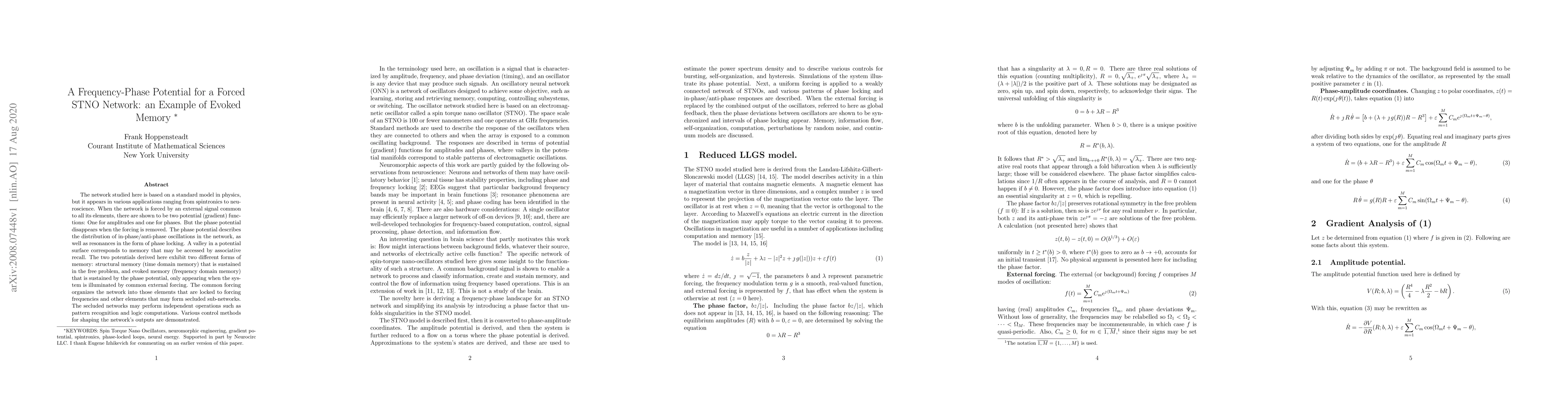 Thumbnail for A Frequency-Phase Potential for a Forced STNO Network: an Example of
  Evoked Memory