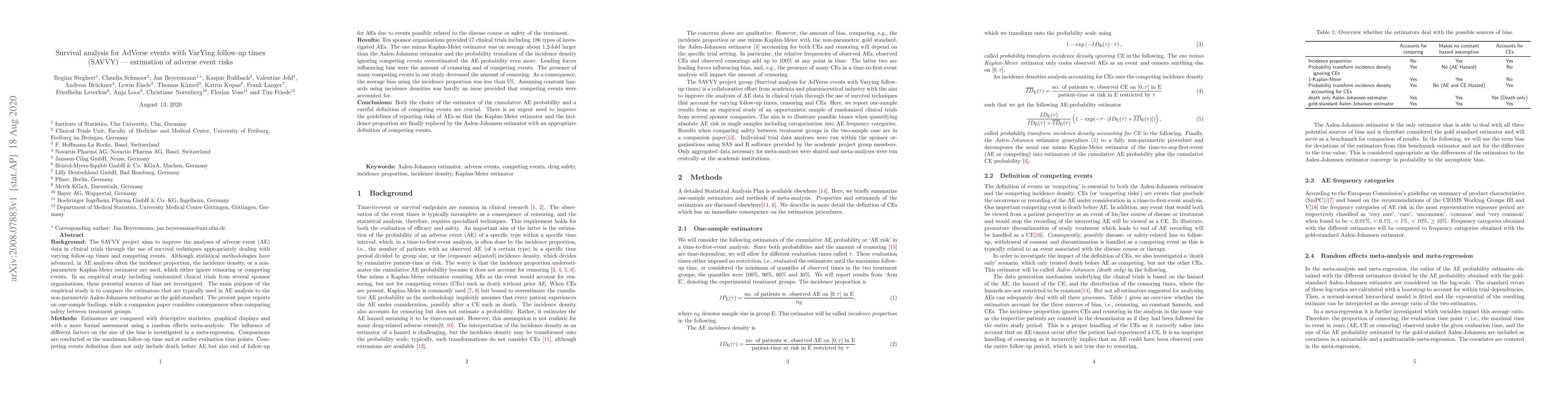 Thumbnail for Survival analysis for AdVerse events with VarYing follow-up times
  (SAVVY) -- estimation of adverse event risks