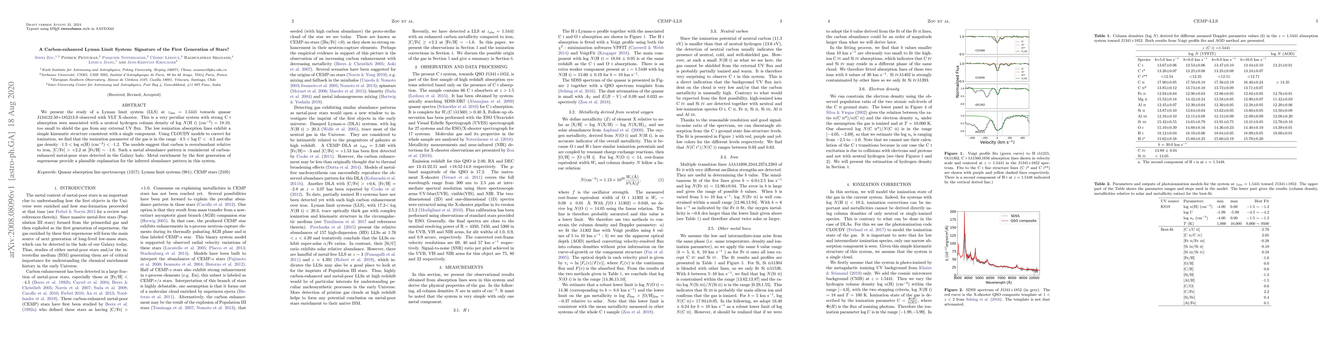 Thumbnail for A Carbon-enhanced Lyman Limit System: Signature of the First Generation
  of Stars?